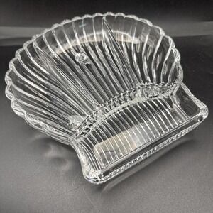 Vintage Glass Seashell Dish Scallop Clam Shell Footed Candy Nut Trinket Beach 7"